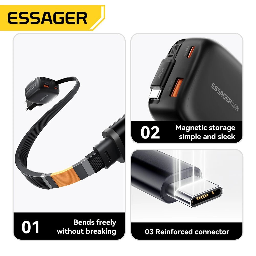Essager ES-CD60 Chargeur Secteur GaN 65W avec Câble USB-C Rétractable - Arsenal HANTKO